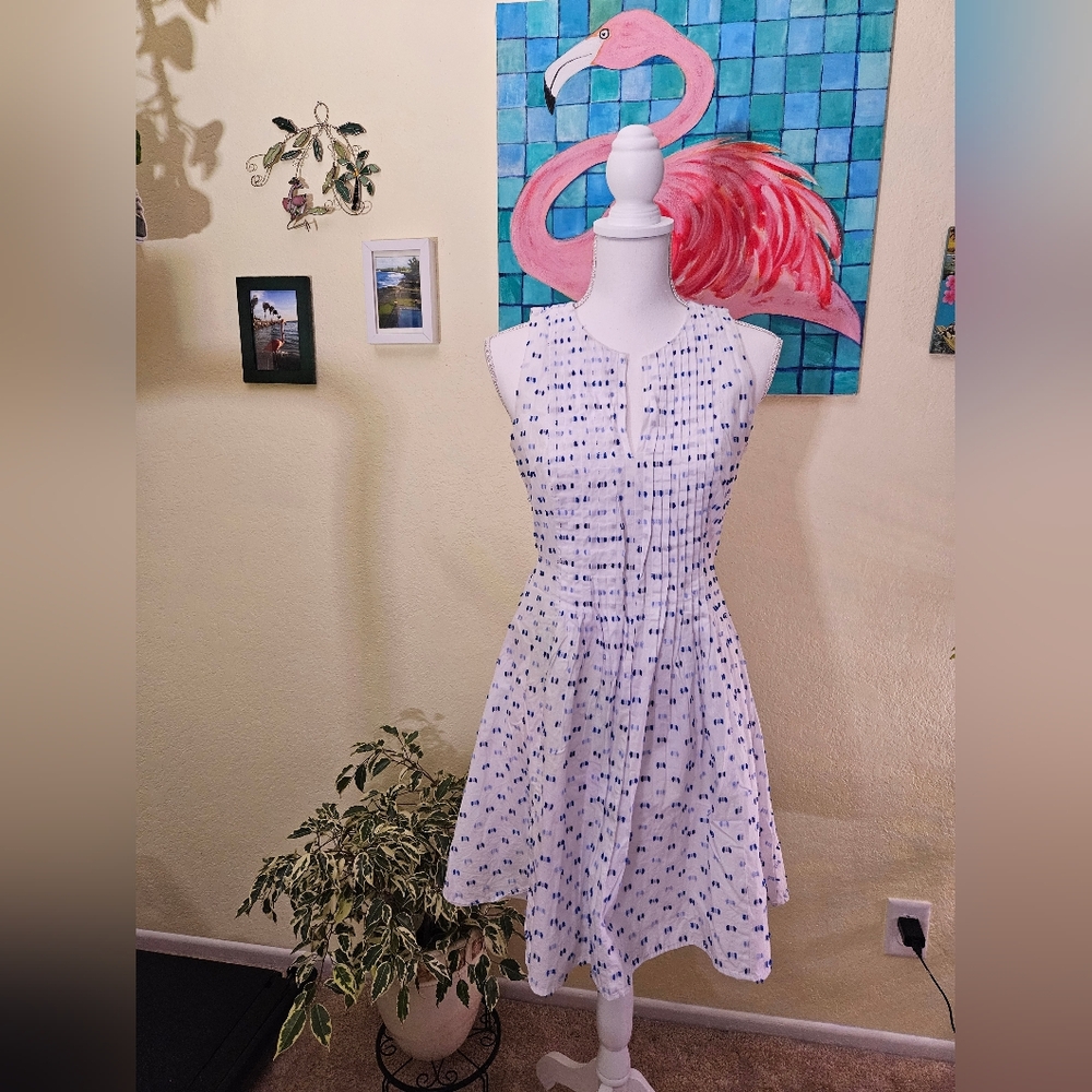 CeCe White Dress with Blue Dot Print Sz 2